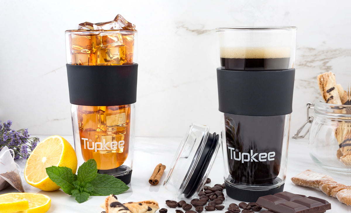 Tupkee Double Wall Glass Tumbler - 8-Ounce, All Glass Reusable Insulated Tea/Coffee Mug & Lid, Hand Blown Glass Travel Mug - Jacaranda