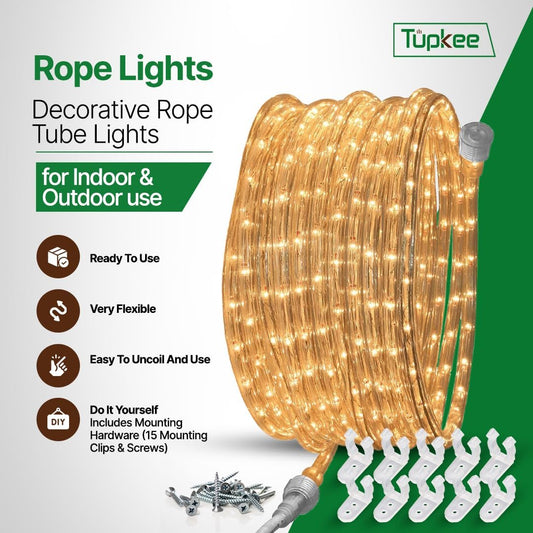 Rope Light Incandescent Clear - 24 Feet (7.3 m), for Indoor and Outdoor use - 10MM Diameter - 288 Clear Warm Incandescent Long Life Bulbs Decorative Rope Tube Lights