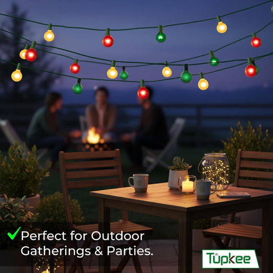 G40 Satin Globe Lights Set – 25 Red, Green & Clear Bulbs - Indoor Outdoor – 25 Feet Light String - Christmas Tree Holiday Decor Hanging Garden Backyard Patio Christmas Lights