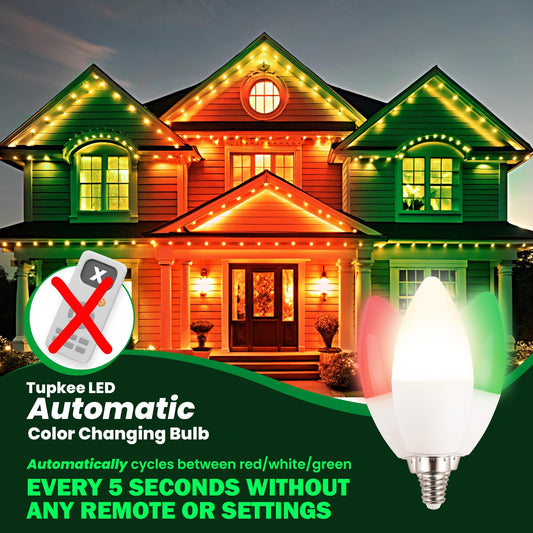 LED Automatic Color Changing Bulb - Automatically Cycles Between Red/Green/White Every 5 Seconds – C37/B11 Candle Bulb, E12 Base, 3W Christmas Window Candles Light Bulb Holiday Decoration