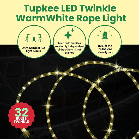 Warm-White LED Twinkle Rope Light, 24 ft, Indoor/Outdoor, Waterproof 32 of 192 Bulbs Twinkle, Flexible, Durable, Linkable & Connectable Tube, for Bedroom, Garden, Halloween, Christmas Decoration