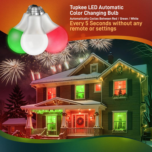 LED Automatic Color Changing Bulb - Automatically Cycles Between Red/Green/White Every 5 Seconds – A19, E26, 2-Watt Christmas Porch LED Light Bulb Holiday Decoration