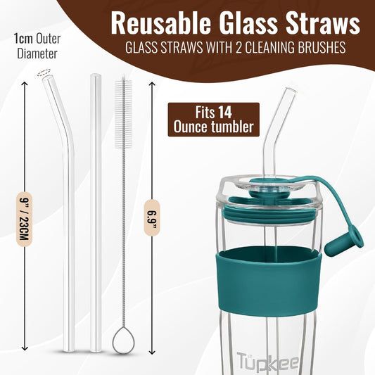 Reusable Glass Straws - 8 Pack Clear Glass Drinking Straws - For Tupkee 14-Ounce Double Wall Glass Travel Tumbler – Includes 4 Straight and 4 Bend, 9” x 1cm Glass Straws, with 2 Cleaning Brushes