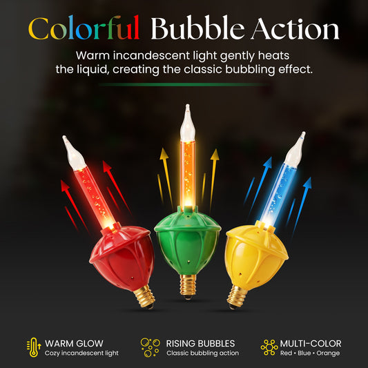 Three colorful LED bubble light bulbs in red, green, and yellow are shown glowing with bubble effects against a dark background, with marketing text at the top and feature icons at the bottom.