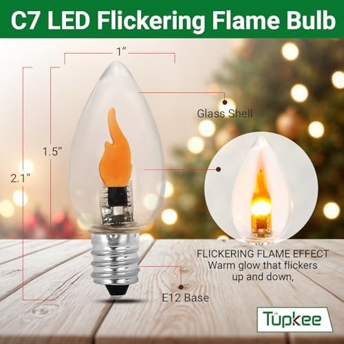 Tupkee LED C7 Flickering Flame Bulb - E12 Base 1W Small Replacement Flicker Night Light Bulb With Dancing Flame For Christmas Candolier Candelabra, Window Candle, Halloween decoration - 2/Pkg