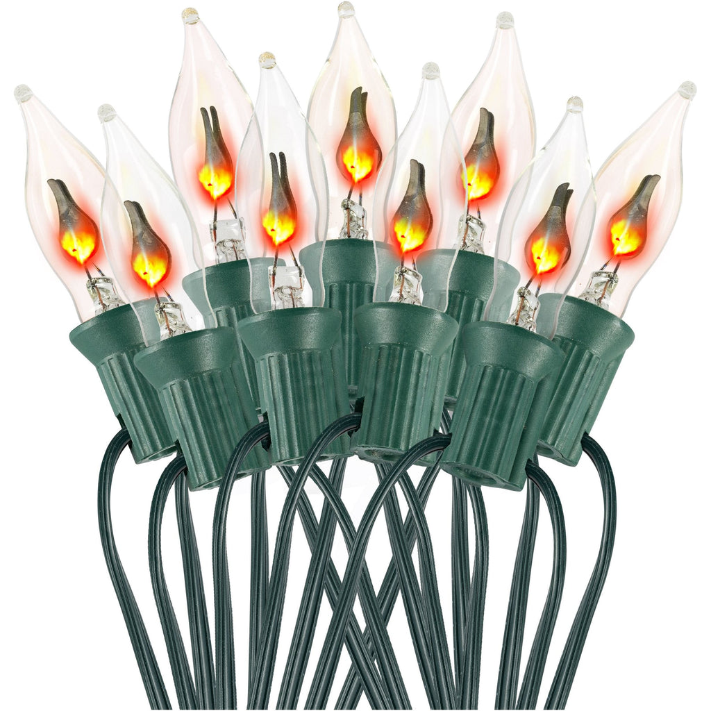 Flickering Flame Bulbs String Set – 10 Light Bulb C7 1W with Orange Glow That Flickers and Dances Up and Down – Indoor Outdoor - 10' Light String - for Halloween, Christmas Tree Holiday Decor