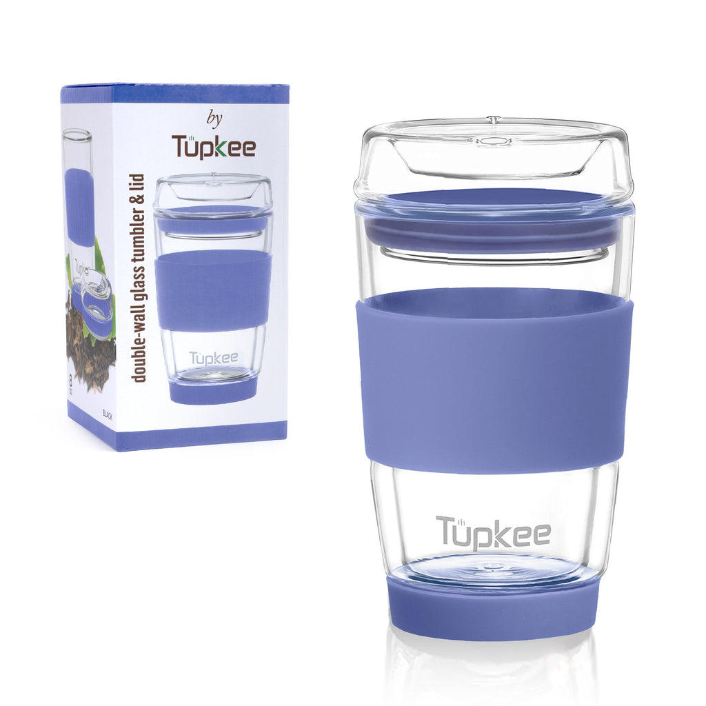 Double Wall Glass Tumbler - All Glass Reusable Insulated Tea/Coffee Mug & Lid, Hand Blown Glass Travel Mug, 8-Ounce, Jacaranda