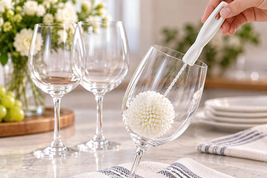 how to clean wine glasses, wine glass cleaning brush, stemware cleaning, clean crystal glasses, non scratch glass brush, champagne flute cleaning, glassware care, soft bristle brush