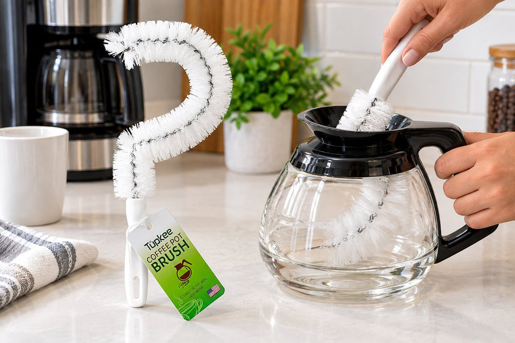 cleaning brush, coffee pot cleaning brush, glass cleaning brush, wine glass brush, coffee decanter brush, kitchen cleaning brushes, non scratch brush, how to clean a coffee pot