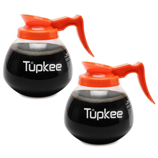 Glass Coffee Pot Replacement Carafe - SHATTER-RESISTANT Commercial Restaurant Decanter Carafe - 64 oz 12 Cup, Orange Handle - Decaf, Set of 2, Compatible with Wilbur Curtis, Bloomfield, Bunn Coffee Pot
