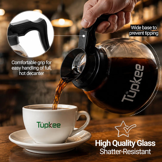 Glass Replacement Coffee Pot - SHATTER-RESISTANT Commercial Restaurant Decanter Carafe - 64 oz 12 Cup Set of 2-1 Black and 1 Orange Decaf, Compatible with Wilbur Curtis, Bloomfield, Bunn Pot