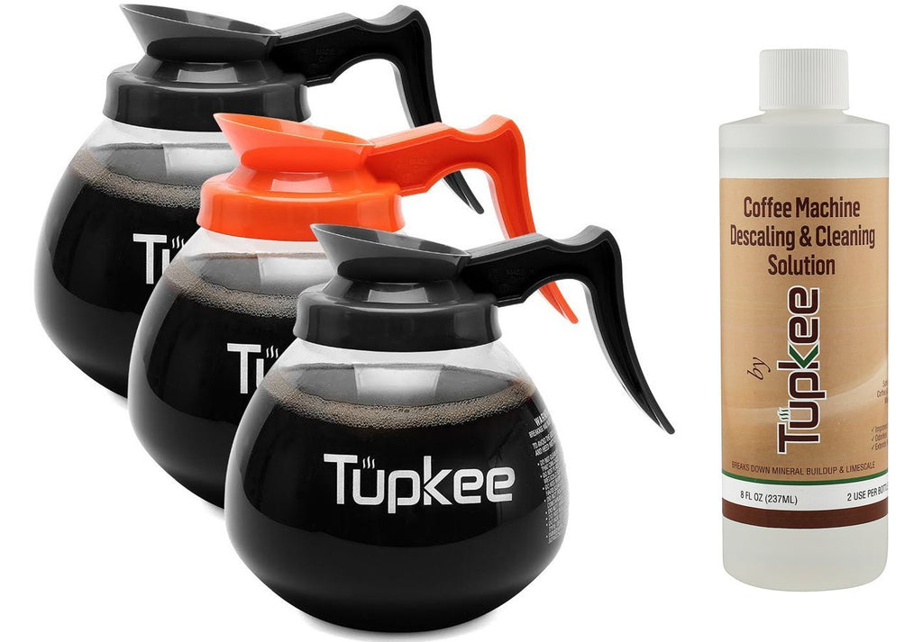 Commercial Coffee Pot Replacement - Restaurant Glass Coffee Pots – 12 Cup, 64 oz, Set of 3-2 Black Regular Handle and 1 Orange Decaf + INCLUDES + Tupkee Coffee Machine Descaling & Cleaning Solution
