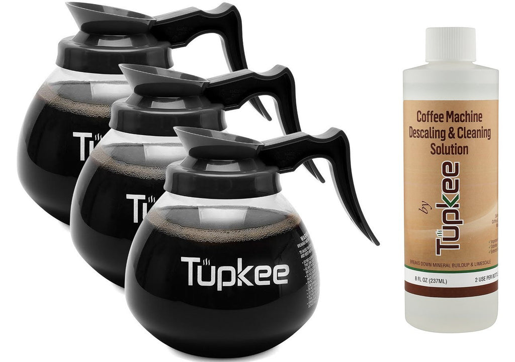 Glass Coffee Pots Decanter Carafe -Glass, 64 oz. 12-Cup, Set of 3 Black Handle + BONUS + Tupkee Coffee Machine Descaler & Cleaning Solution – For Drip Coffee Maker, Espresso and Keurig Coffee Machines