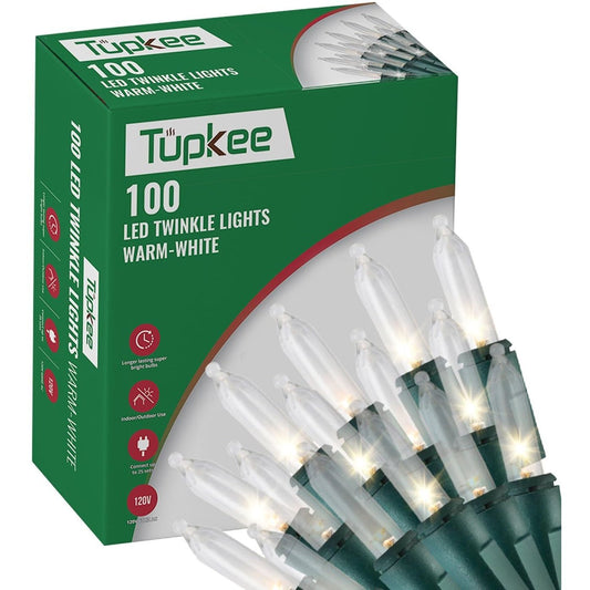 Tupkee 100 LED twinkle lights in warm-white, shown with their green retail box on a white background.