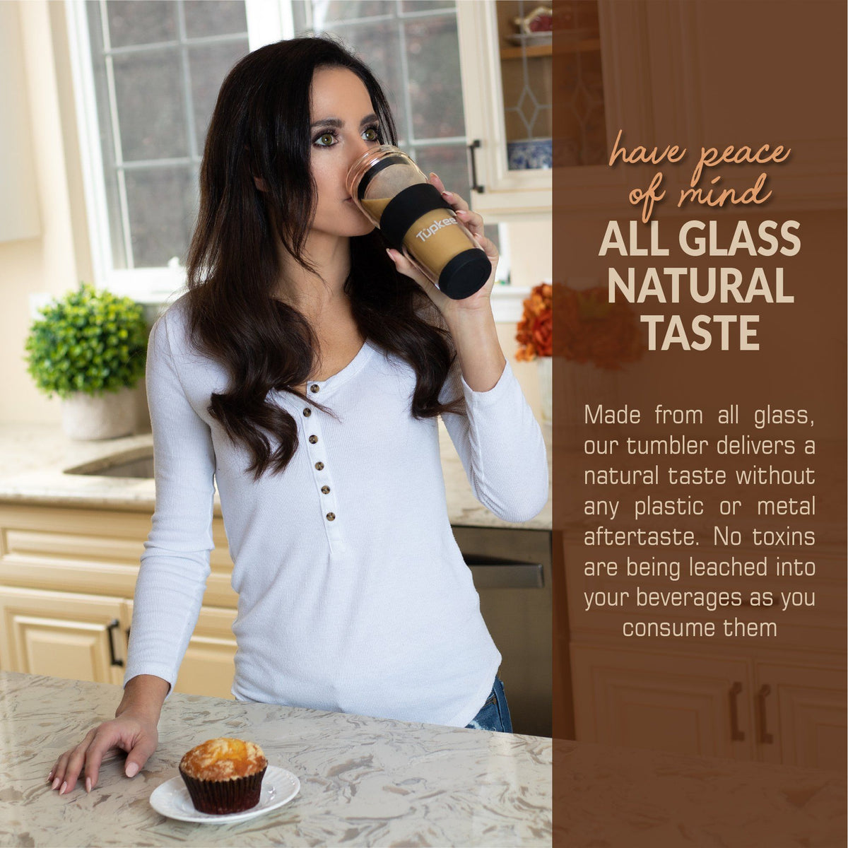 Double Wall Glass Tumbler - 14-Ounce, All Glass Reusable Insulated Tea/Coffee Mug & Lid, Hand Blown Glass Travel Mug