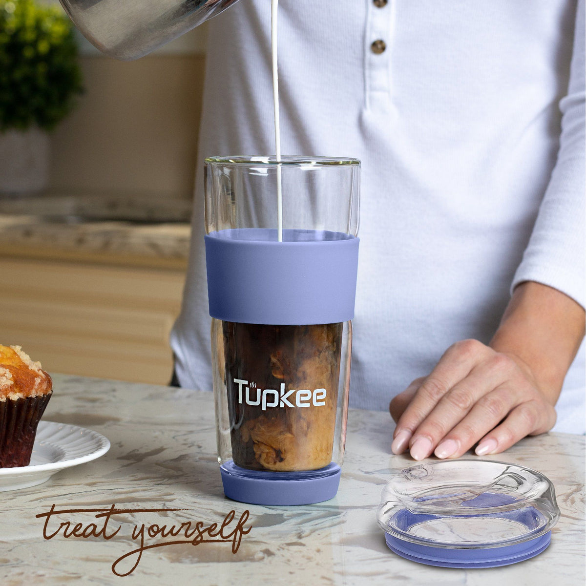 Double Wall Glass Tumbler - 14-Ounce, All Glass Reusable Insulated Tea/Coffee Mug & Lid, Hand Blown Glass Travel Mug