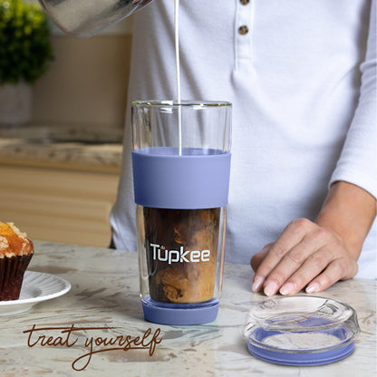 Double Wall Glass Tumbler - 14-Ounce, All Glass Reusable Insulated Tea/Coffee Mug & Lid, Hand Blown Glass Travel Mug