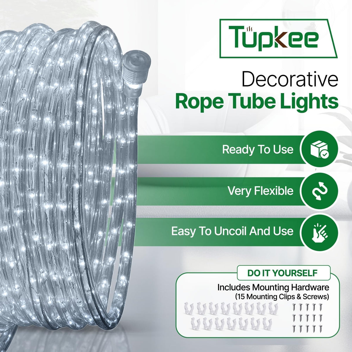 Rope Light LED - 24 Feet (7.3 m), for Indoor and Outdoor use - 10MM Diameter - 144 LED Long Life Bulbs Decorative Rope Tube Lights