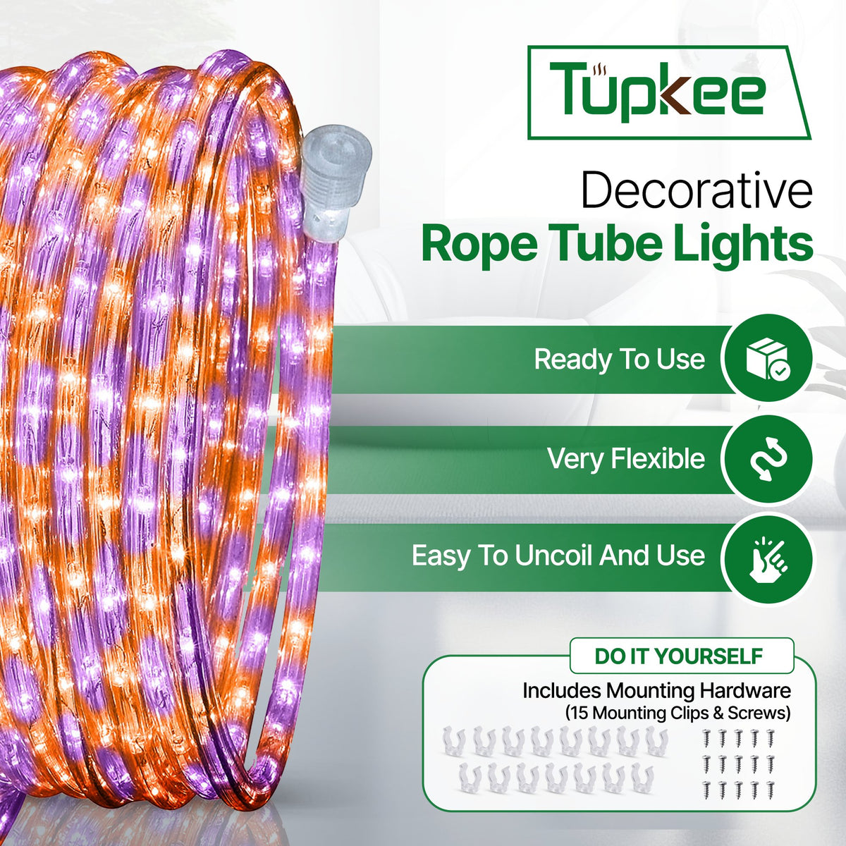 Rope Light LED - 24 Feet (7.3 m), for Indoor and Outdoor use - 10MM Diameter - 144 LED Long Life Bulbs Decorative Rope Tube Lights