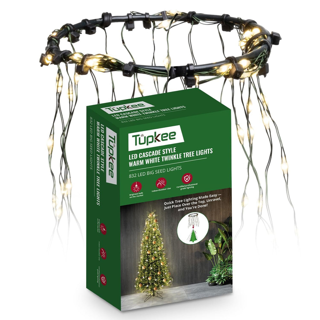 Cascade Style Christmas Tree Lights – LED Warm-White Random Twinkle Lights - Wrap Trees in Seconds Just Drop the Ring & Drape – 208 of 832 Lights Twinkle - 8 Feet String Twinkling Christmas Decoration