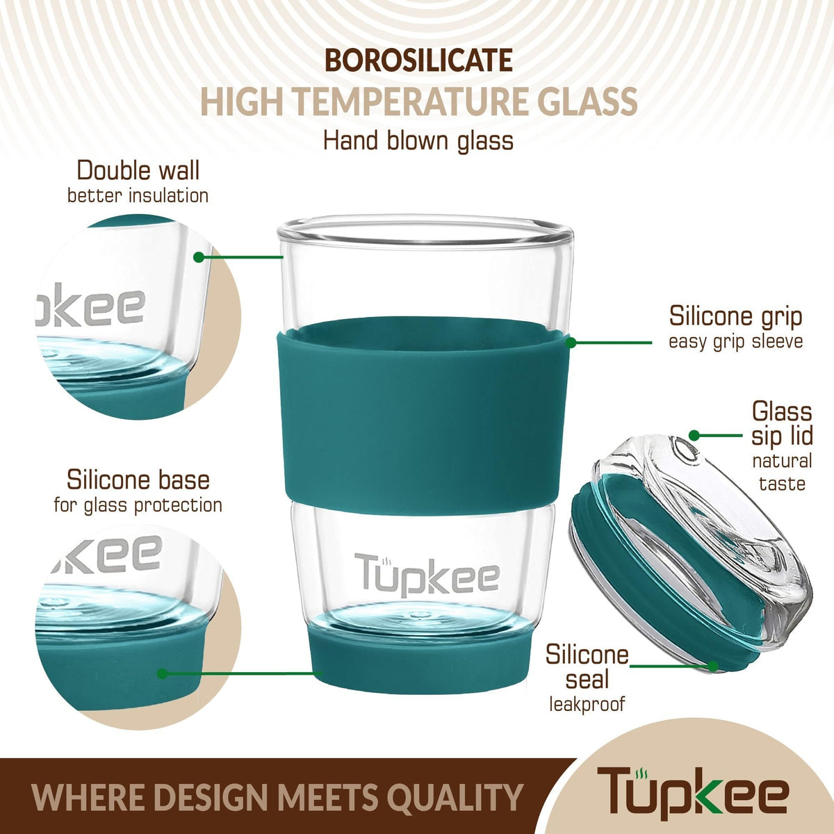 Double Wall Glass Tumbler - 8-Ounce, All Glass Reusable Insulated Tea/Coffee Mug & Lid, Hand Blown Glass Travel Mug
