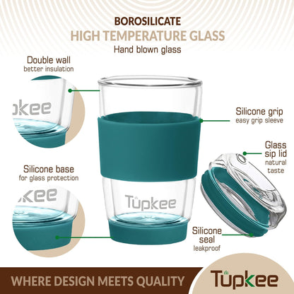 Double Wall Glass Tumbler - 8-Ounce, All Glass Reusable Insulated Tea/Coffee Mug & Lid, Hand Blown Glass Travel Mug