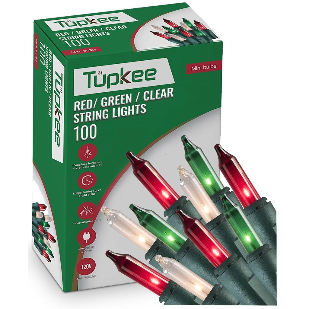 Tupkee Christmas String Lights 100 Count - Incandescent Mini Red, Green, and Clear Warm Christmas Light - 20.5 Feet Light String - Christmas Tree Lights - Indoor & Outdoor Christmas Decorations