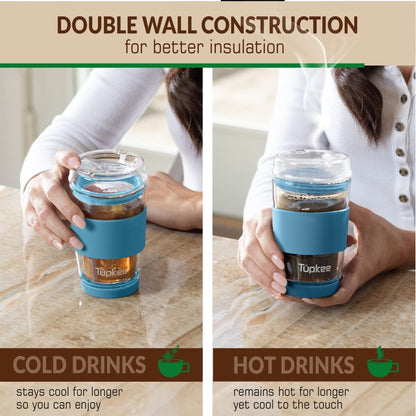 Double Wall Glass Tumbler - 8-Ounce, All Glass Reusable Insulated Tea/Coffee Mug & Lid, Hand Blown Glass Travel Mug