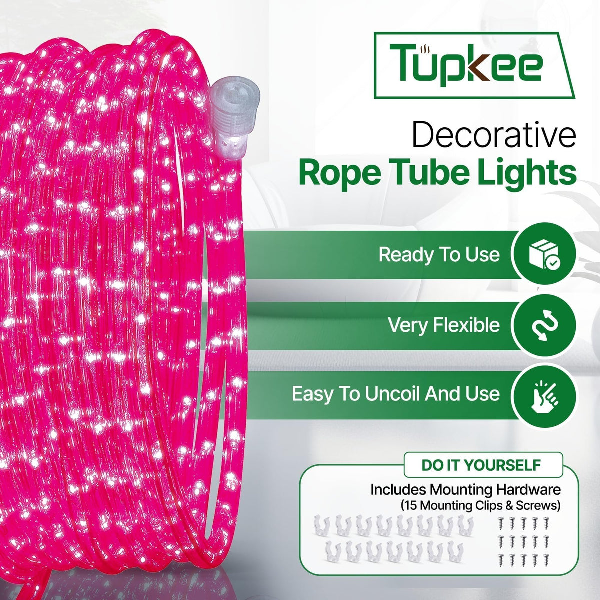 Rope Light LED - 24 Feet (7.3 m), for Indoor and Outdoor use - 10MM Diameter - 144 LED Long Life Bulbs Decorative Rope Tube Lights