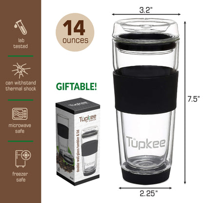 Double Wall Glass Tumbler - 14-Ounce, All Glass Reusable Insulated Tea/Coffee Mug & Lid, Hand Blown Glass Travel Mug