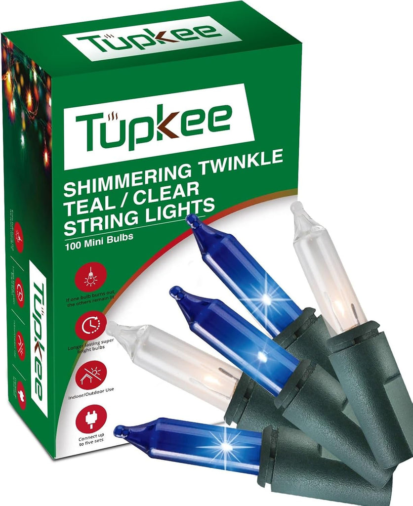Random Shimmering Twinkle Lights For Christmas Tree, Teal & Clear - 12 of 100 Lights Twinkle Randomly, 20.5 Feet String, Indoor/Outdoor Twinkling Christmas Tree Lights, Holiday Decoration Visit the Tupkee Store