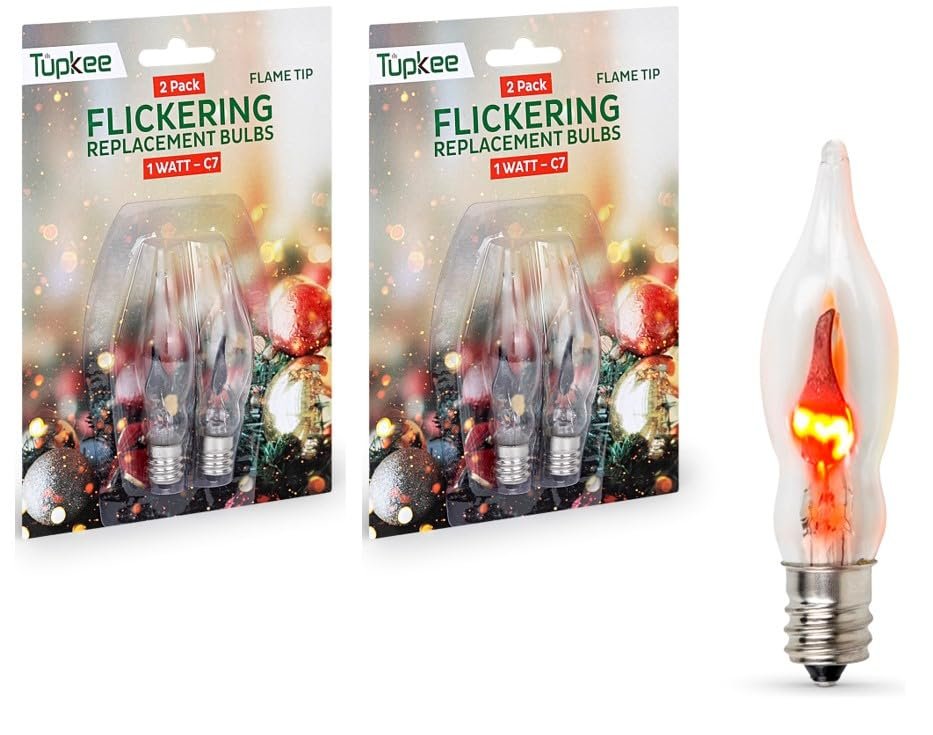 Tupkee C7 Flickering Flame Tip Bulb - E12 Base 1W Small Replacement Flicker Night Light Bulb With Orange Dancing Glow For Christmas Candolier Candelabra, Window Candle, Halloween decoration - 2/Pkg