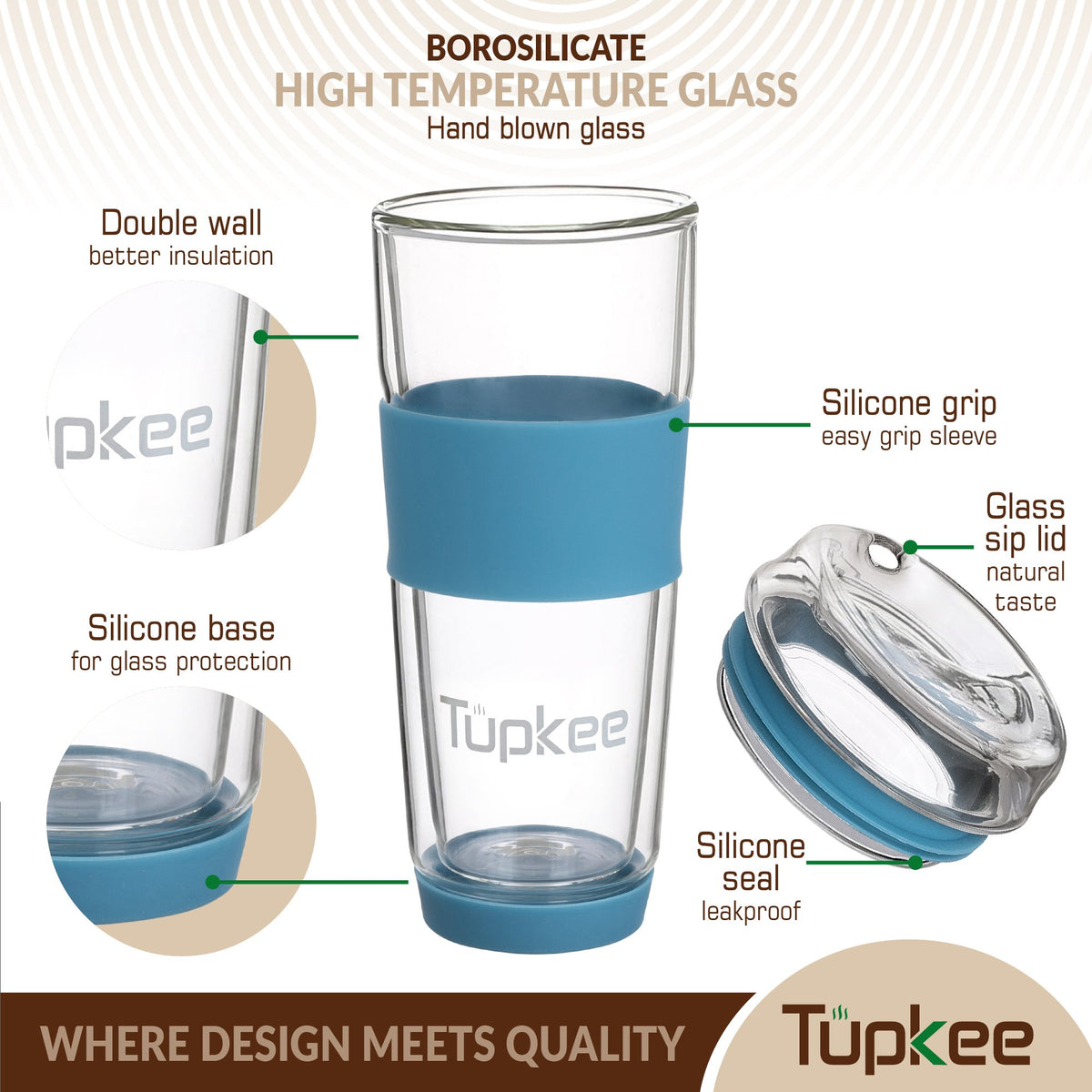 Double Wall Glass Tumbler - 14-Ounce, All Glass Reusable Insulated Tea/Coffee Mug & Lid, Hand Blown Glass Travel Mug