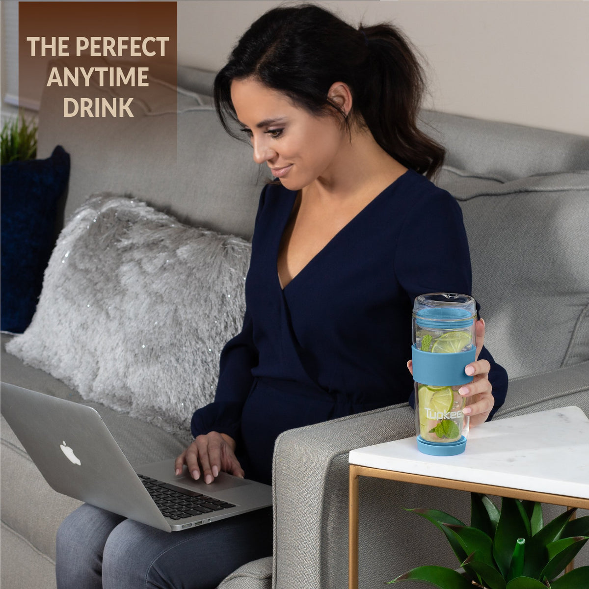Double Wall Glass Tumbler - 14-Ounce, All Glass Reusable Insulated Tea/Coffee Mug & Lid, Hand Blown Glass Travel Mug