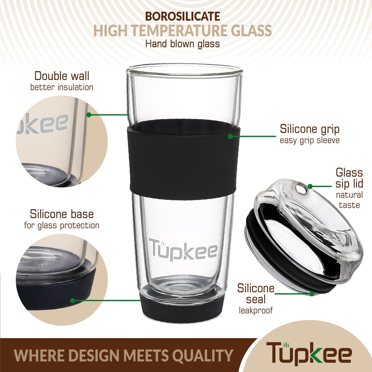 Double Wall Glass Tumbler - 14-Ounce, All Glass Reusable Insulated Tea/Coffee Mug & Lid, Hand Blown Glass Travel Mug