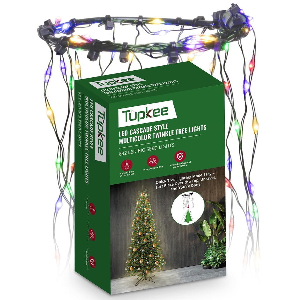 Cascade Style Christmas Tree Lights – LED Multicolor Random Twinkle Lights - Wrap Trees in Seconds Just Drop the Ring & Drape – 208 of 832 Lights Twinkle - 8 Feet String Twinkling Christmas Decoration