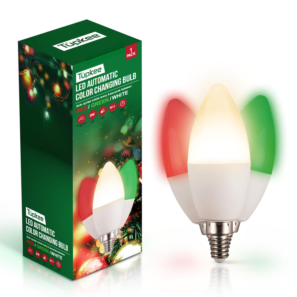 LED Automatic Color Changing Bulb - Automatically Cycles Between Red/Green/White Every 5 Seconds – C37/B11 Candle Bulb, E12 Base, 3W Christmas Window Candles Light Bulb Holiday Decoration