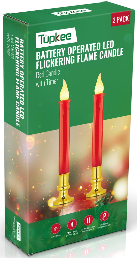 Tupkee Red LED Window Candles – Set of 2 Battery-Operated Flameless Christmas Candles with Flickering Flame & Timer for Holiday Window & Home Décory Window & Home Decoration