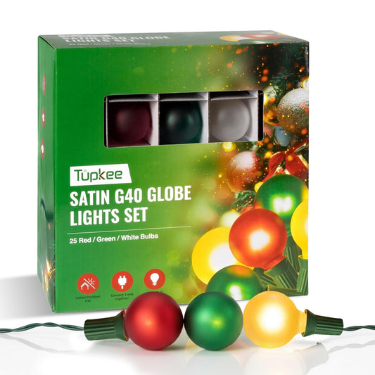 G40 Satin Globe Lights Set – 25 Red, Green & Clear Bulbs - Indoor Outdoor – 25 Feet Light String - Christmas Tree Holiday Decor Hanging Garden Backyard Patio Christmas Lights