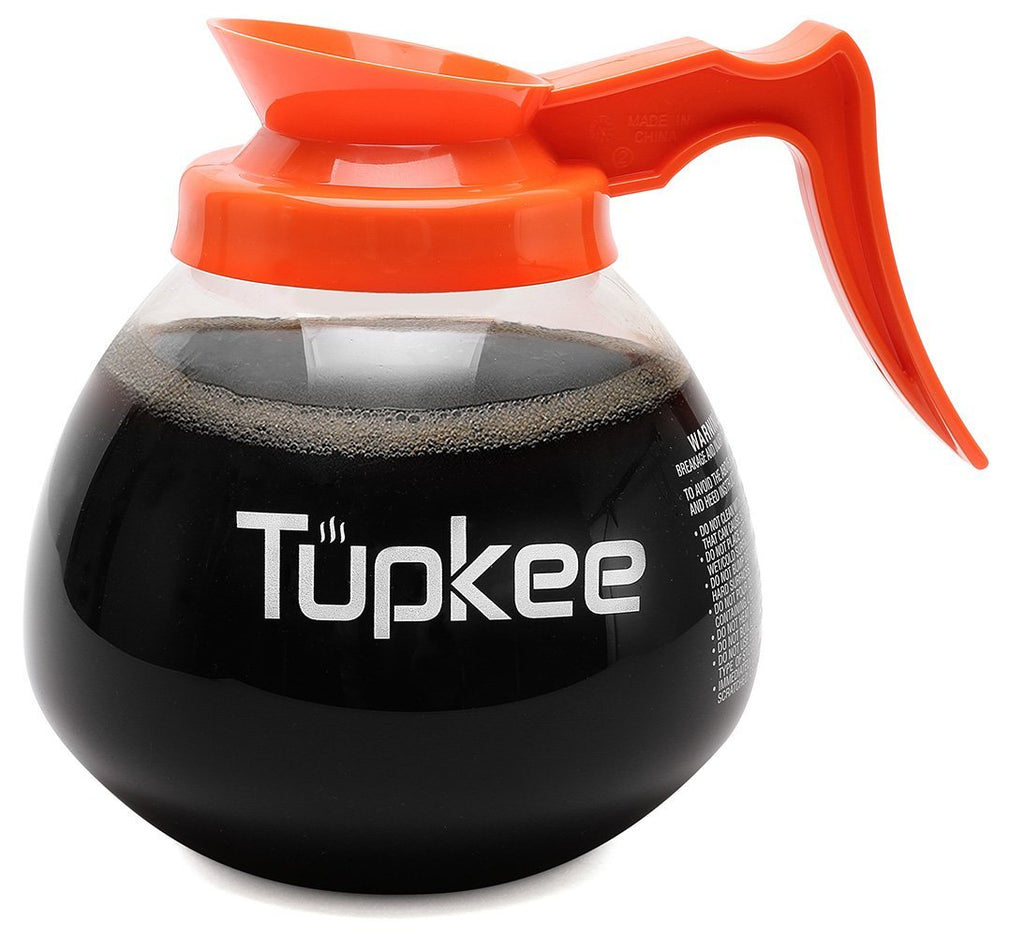 Tupkee Commercial Coffee Pot Replacement - Restaurant Glass Coffee Pots 12 Cup Decanter Carafe - 64 oz. 12-Cup, Orange Handle/Decaf