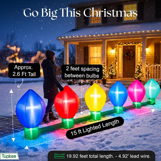 Jumbo Inflatable Christmas Light Bulbs, 15 Ft LED Multicolor String with 6 Self-Inflating Giant Christmas Bulbs, 2.6 Ft Tall, Indoor & Outdoor Holiday Decorations