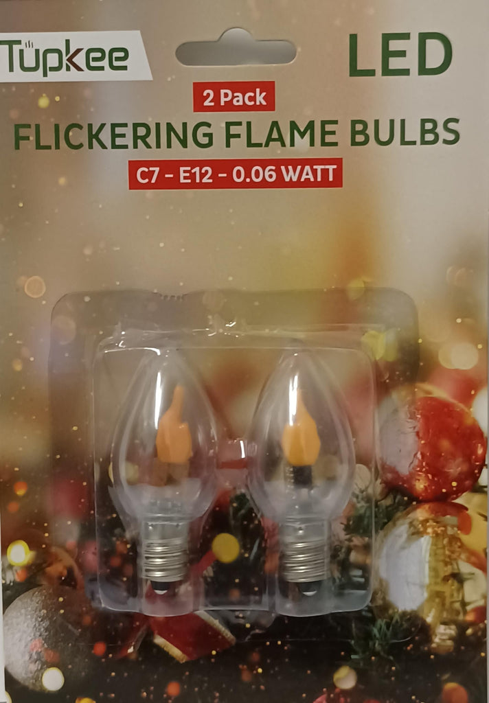 Tupkee LED Flickering Flame Bulb – C7, E12 Base, 0.06 Watt, Flicker Flame LED Bulb with a Warm Glow That Flickers and Dances Up and Down - for Halloween, Christmas Candolier Window Candle - 2/Pkg