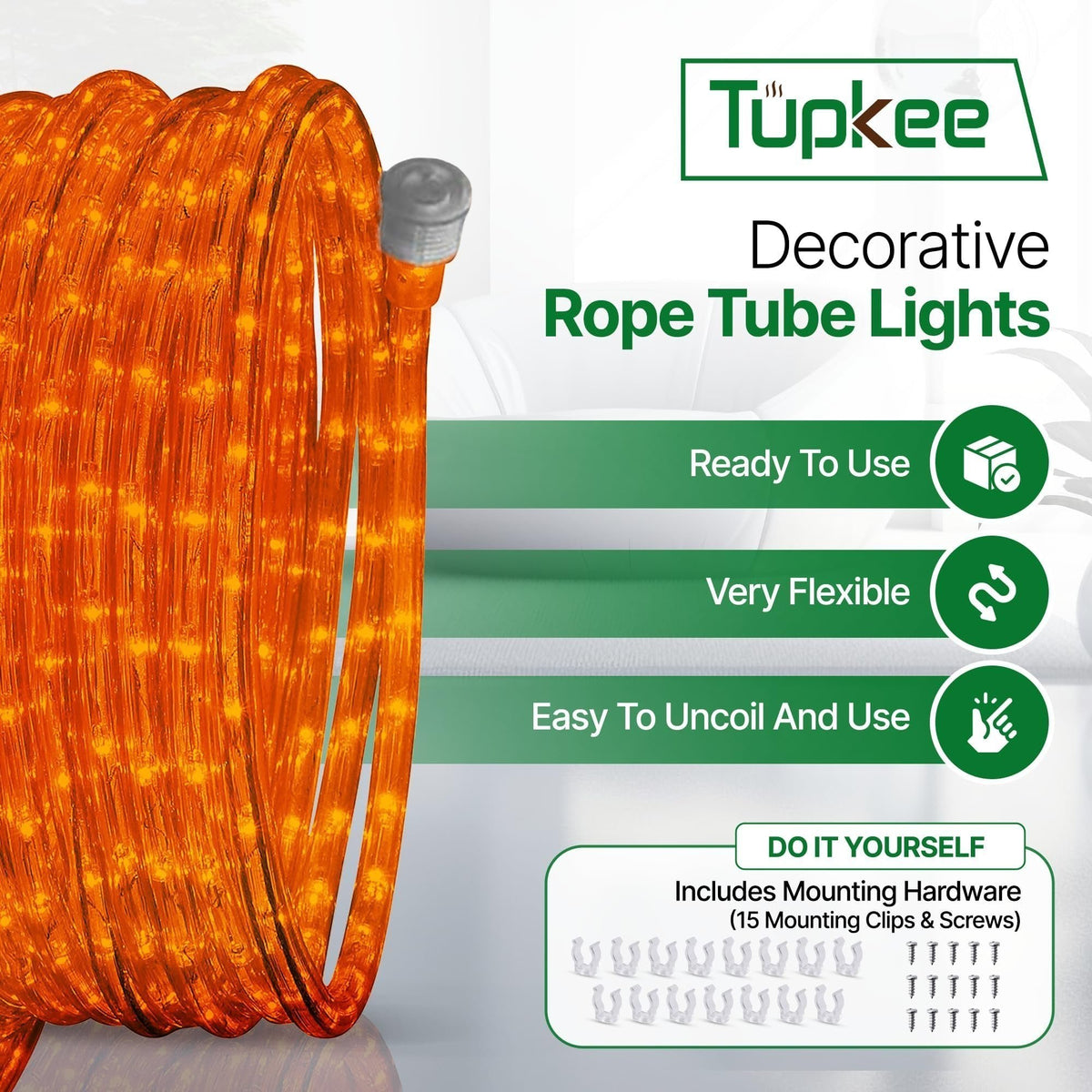 Rope Light LED - 24 Feet (7.3 m), for Indoor and Outdoor use - 10MM Diameter - 144 LED Long Life Bulbs Decorative Rope Tube Lights