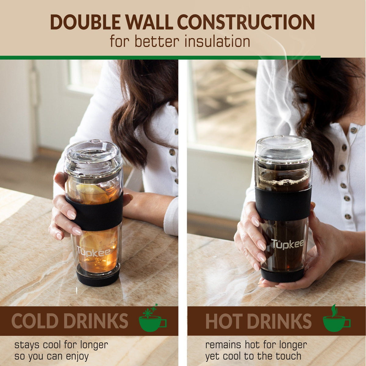 Double Wall Glass Tumbler - 14-Ounce, All Glass Reusable Insulated Tea/Coffee Mug & Lid, Hand Blown Glass Travel Mug