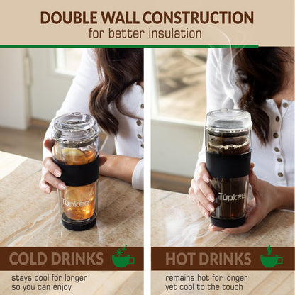 Double Wall Glass Tumbler - 14-Ounce, All Glass Reusable Insulated Tea/Coffee Mug & Lid, Hand Blown Glass Travel Mug