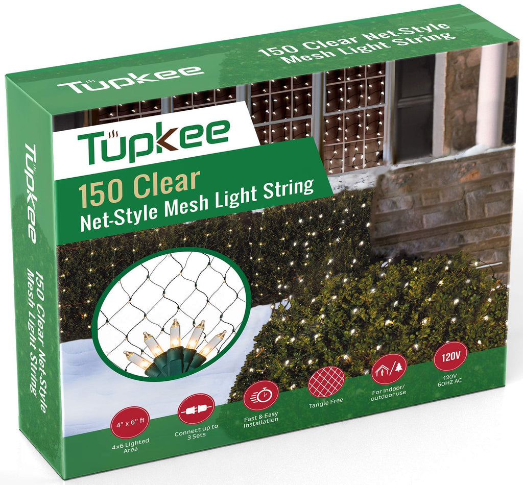 Tupkee Christmas Light Net – 150 Clear Warm Mesh Lights - 4 ft x 6 ft – Outdoor/Indoor – Net Lights for Bushes, Hedges or Trees