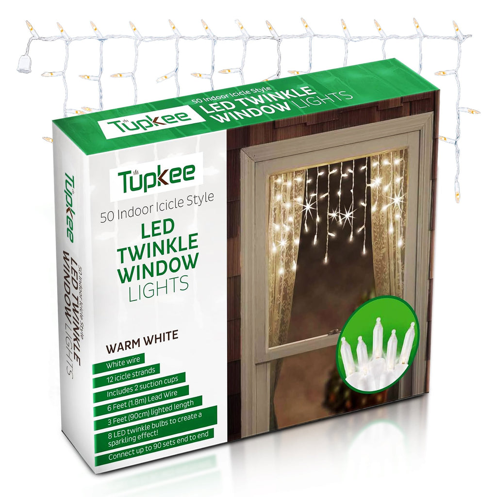 Christmas LED Twinkle Window Icicle Lights - 3 Feet (0.91 m) - 8 of 50 Bulbs Twinkle Random - 50 LED Cool White Bulbs - Indoor Outdoor - Twinkling Icicle Christmas Lights