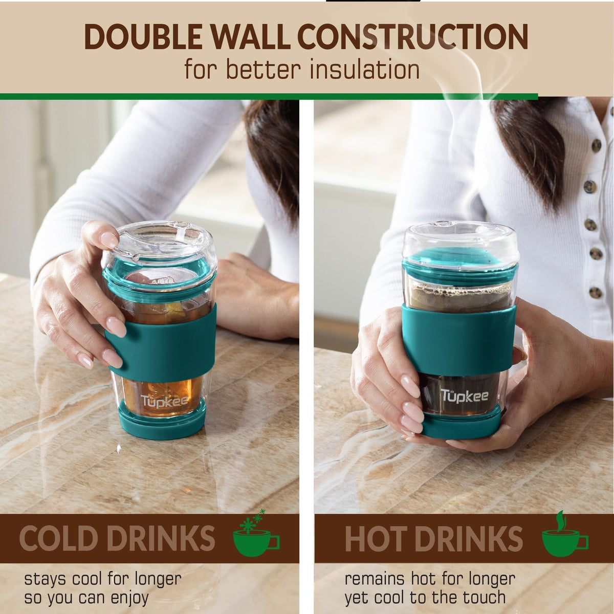 Double Wall Glass Tumbler - 8-Ounce, All Glass Reusable Insulated Tea/Coffee Mug & Lid, Hand Blown Glass Travel Mug