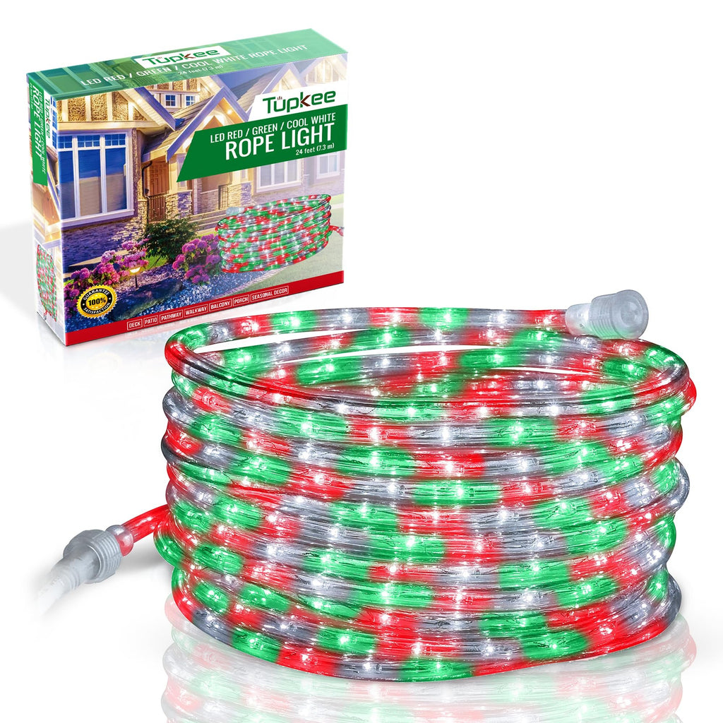 LED Rope Light Red, Green, and Clear - 24 Feet (7.3 m), for Indoor and Outdoor use - 10MM Diameter - 144 LED Long Life Bulbs Halloween Decorative Rope Tube Lights