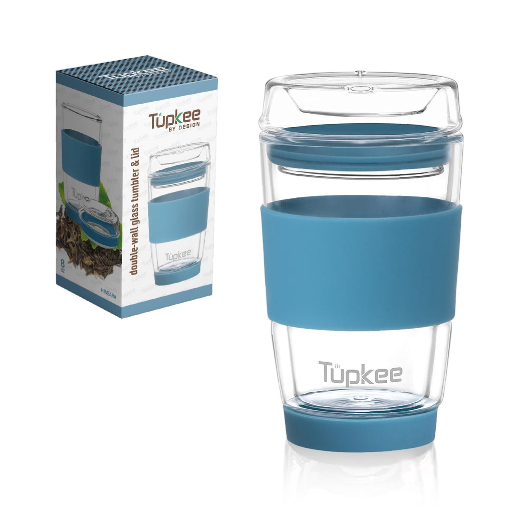 Double Wall Glass Tumbler - 8-Ounce, All Glass Reusable Insulated Tea/Coffee Mug & Lid, Hand Blown Glass Travel Mug - Niagara